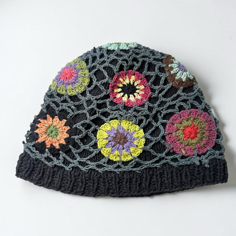 VTG Unique Crochet Floral Beanie Hat 100% Cotton Made In Nepal Ganesh Trading